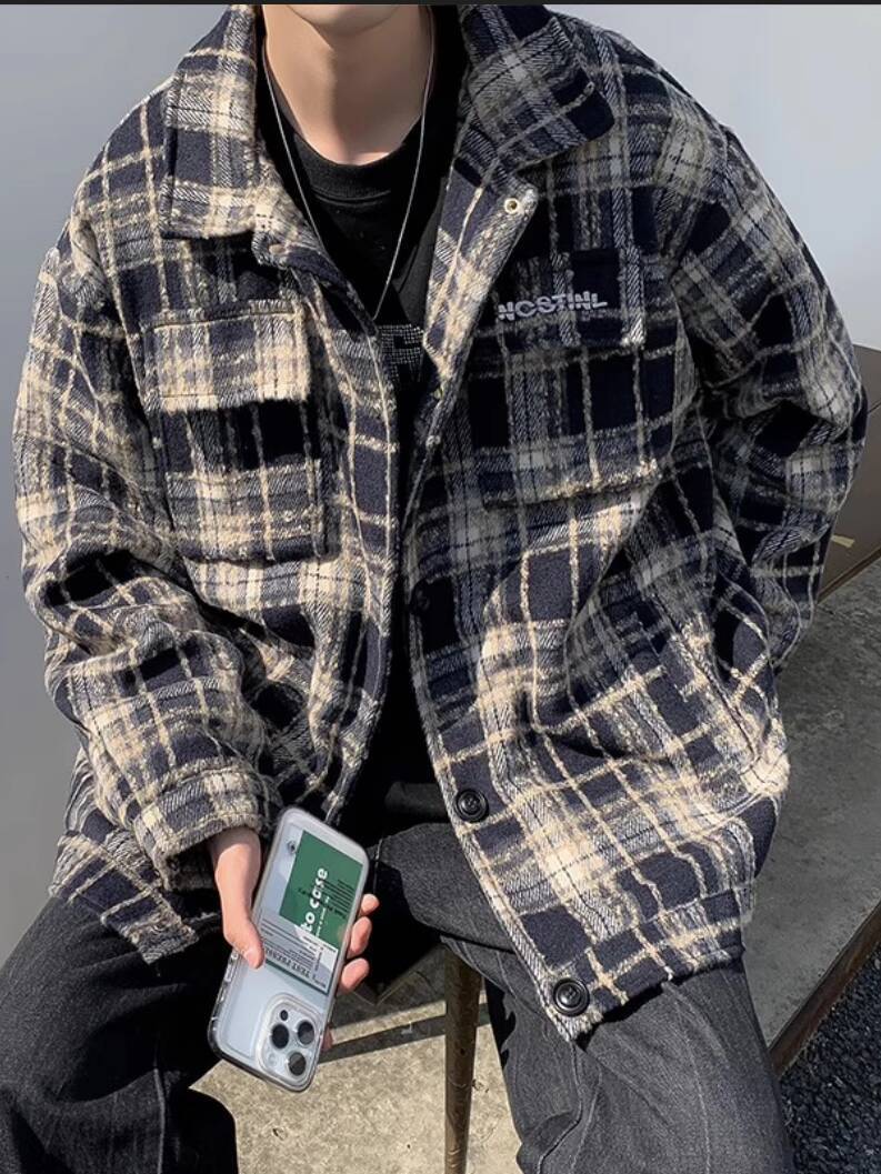 Streetwear Brand England - เสื้อแจ็คเก็ตผู้ชายแบบหนา ลายสก็อตสไตล์เรโทร สำหรับฤดูใบไม้ร่วงและฤดูใบไม้ผลิ ปกเสื้อปักลาย แบรนด์นักศึกษา สไตล์เท่ๆ